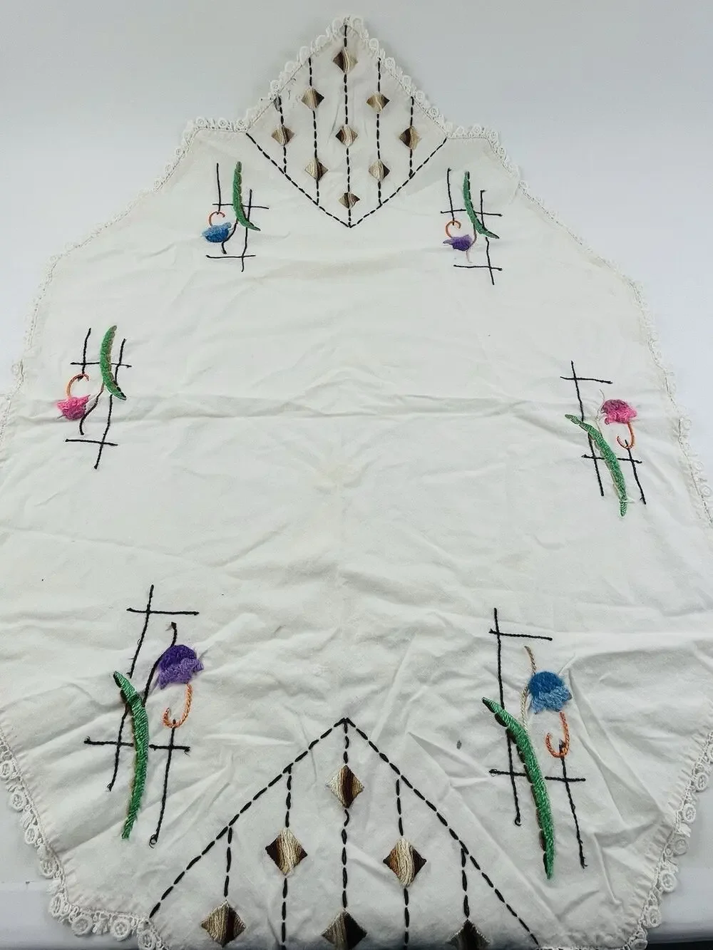 Vintage Hand Embroidered Table Runner Floral Dresser Scarf Lace Edge Purple Brow